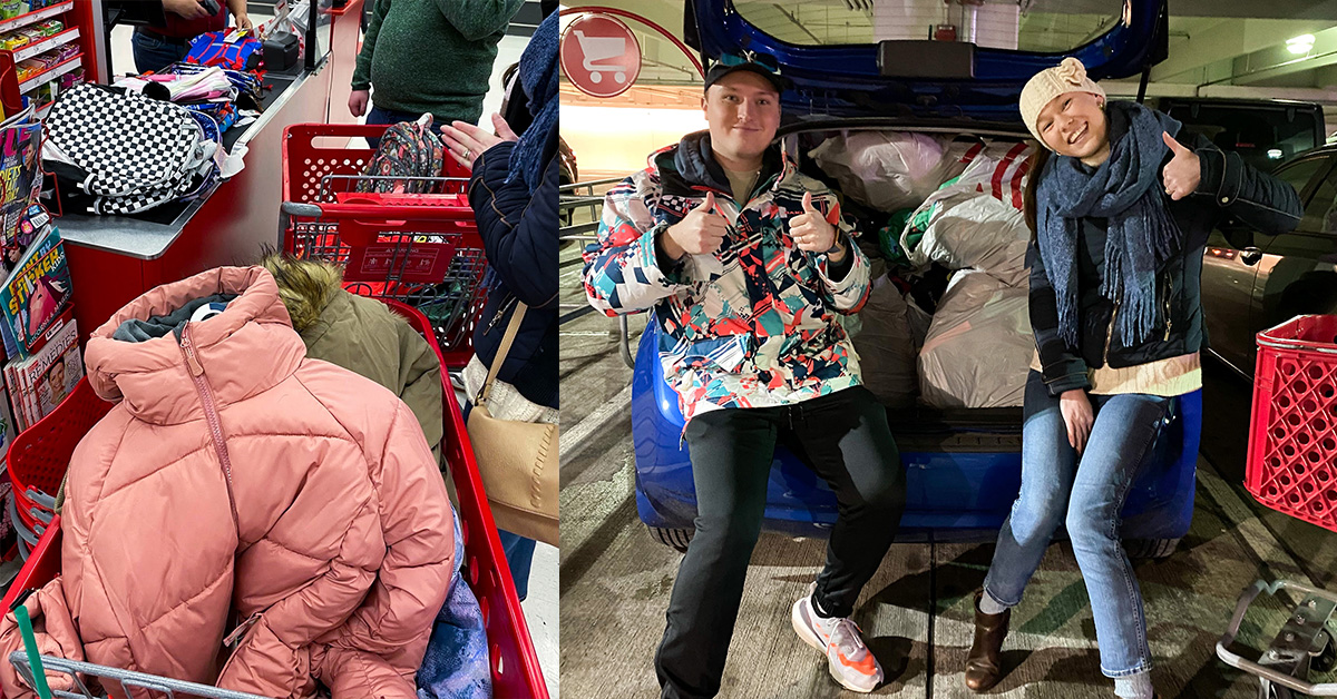 Capital One associate Paul sits in the back of an SUV with the hatch lifted with his wife giving thumbs ups with all the items they purchased for Afghan refugees